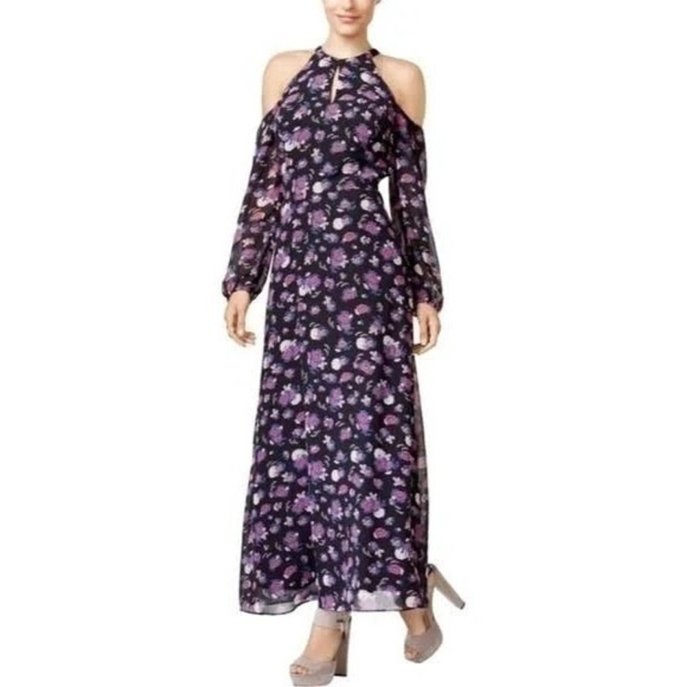 Bar III Cold Shoulder Floral Maxi Dress Womens Sz XL Black Purple Boho Whimsical